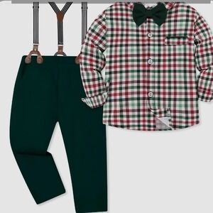 Boys 4-Piece Plaid Shirt Pants Suspenders Bow Tie Set Green Red Holiday 4T 5T